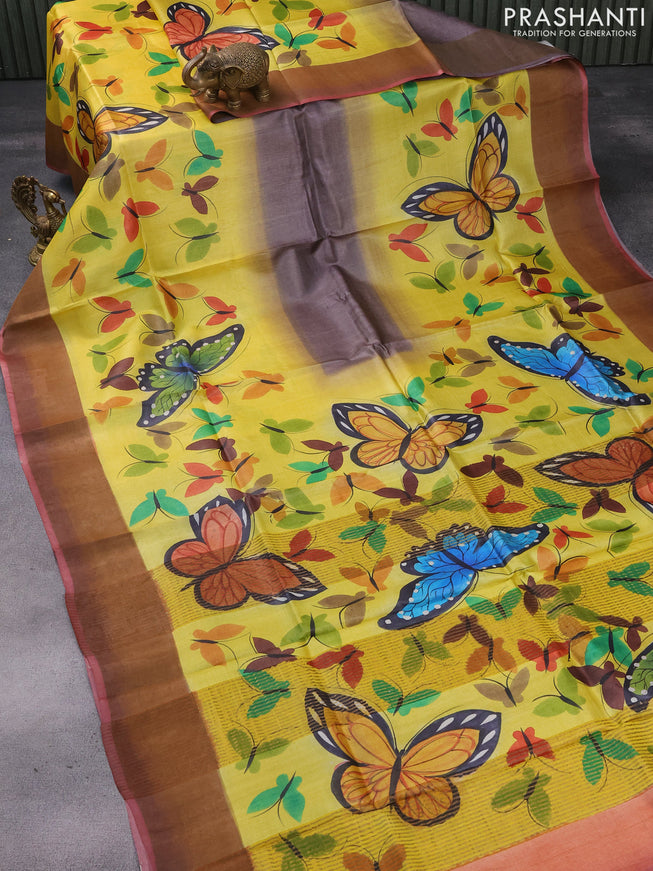 Pure tussar silk saree yellow and grey maroon with hand painted prints and zari woven border