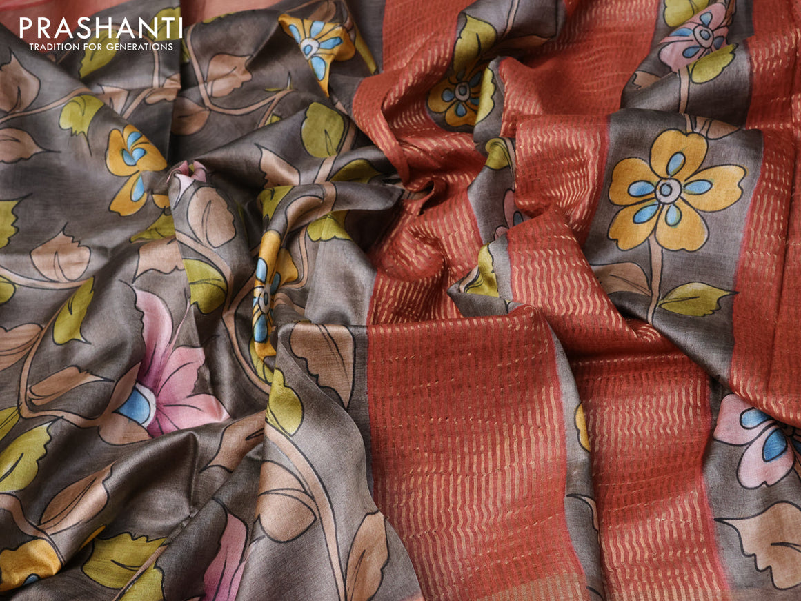 Pure tussar silk saree grey and peach shade with allover floral kalamkari hand painted prints and zari woven border