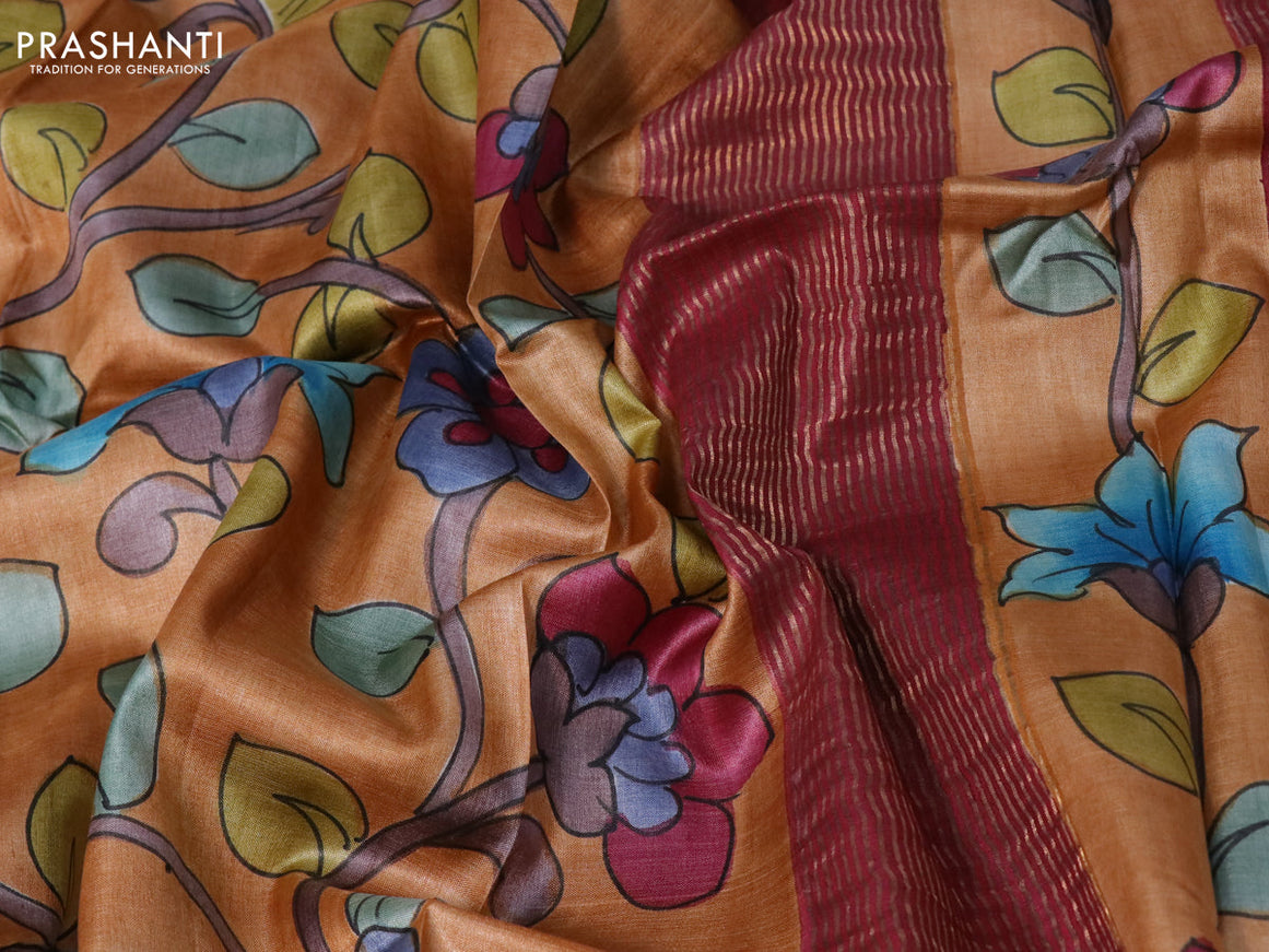 Pure tussar silk saree rust shade and maroon with allover floral kalamkari hand painted prints and zari woven border