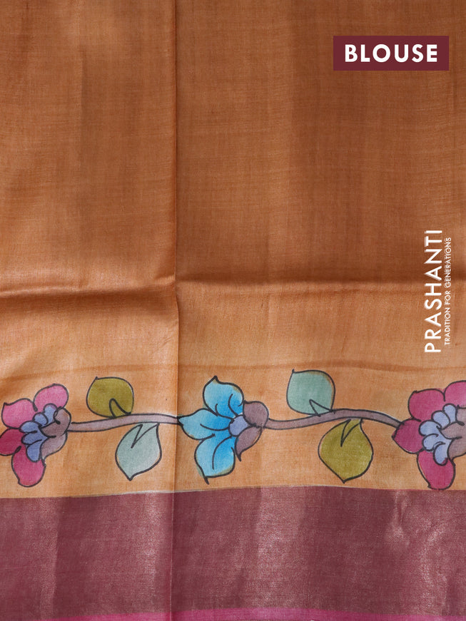 Pure tussar silk saree rust shade and maroon with allover floral kalamkari hand painted prints and zari woven border