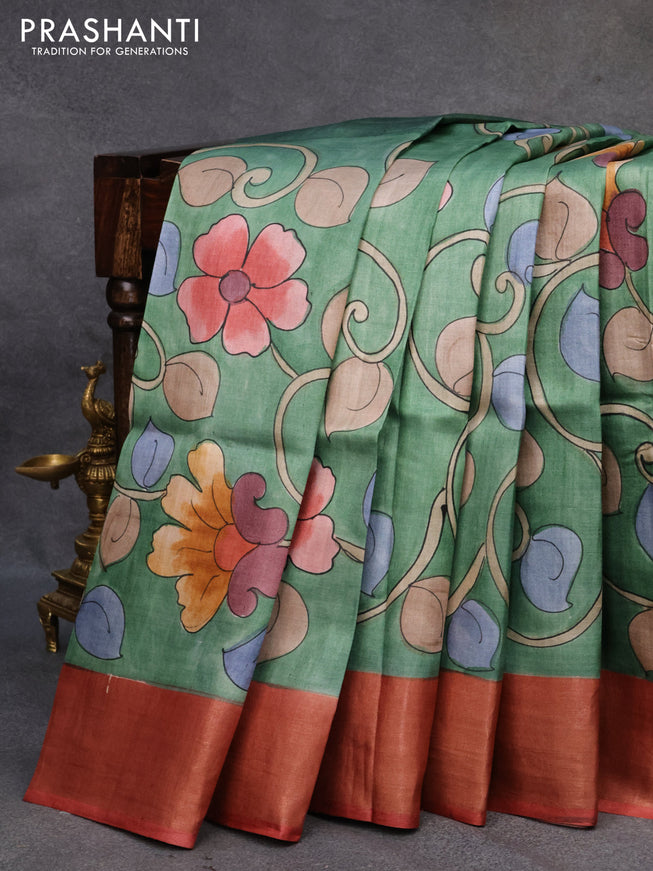 Pure tussar silk saree green shade and maroon shade with allover floral kalamkari hand painted prints and zari woven border