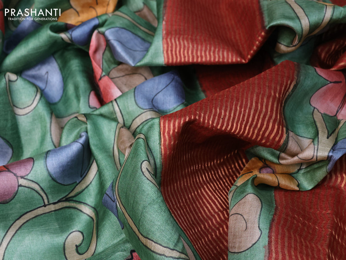 Pure tussar silk saree green shade and maroon shade with allover floral kalamkari hand painted prints and zari woven border