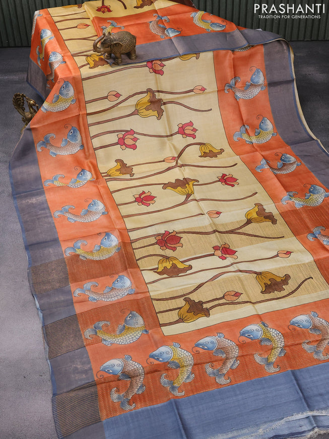 Pure tussar silk saree cream orange and grey with kalamkari hand painted prints and zari woven border