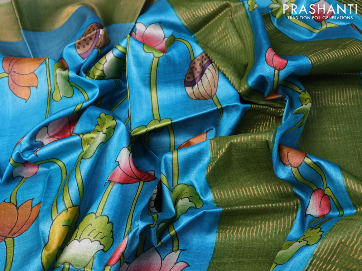 Pure tussar silk saree blue and green blue with allover pichwai hand painted prints and zari woven border