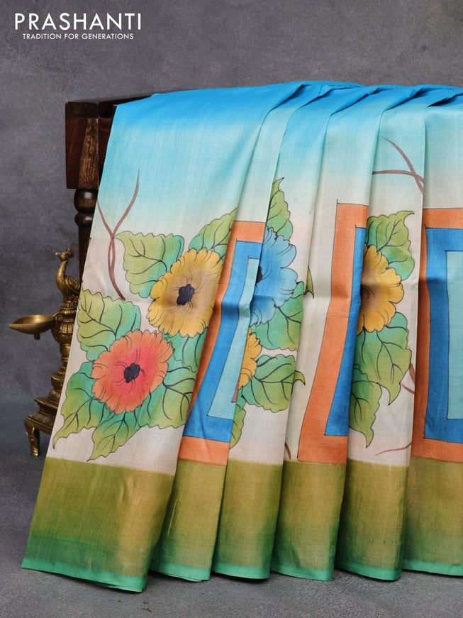 Pure tussar silk saree blue and off white teal green with kalamakri hand painted prints and zari woven border
