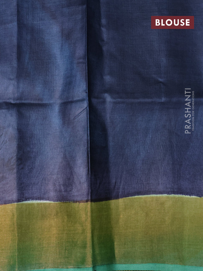 Pure tussar silk saree blue and off white teal green with kalamakri hand painted prints and zari woven border