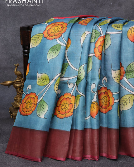 Pure tussar silk saree greyish blue and maroon with allover floral kalamkari hand painted prints and zari woven border