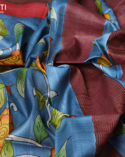 Pure tussar silk saree greyish blue and maroon with allover floral kalamkari hand painted prints and zari woven border
