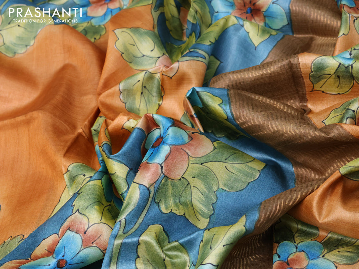 Pure tussar silk saree orange and blue brown shade with floral hand painted prints and zari woven border
