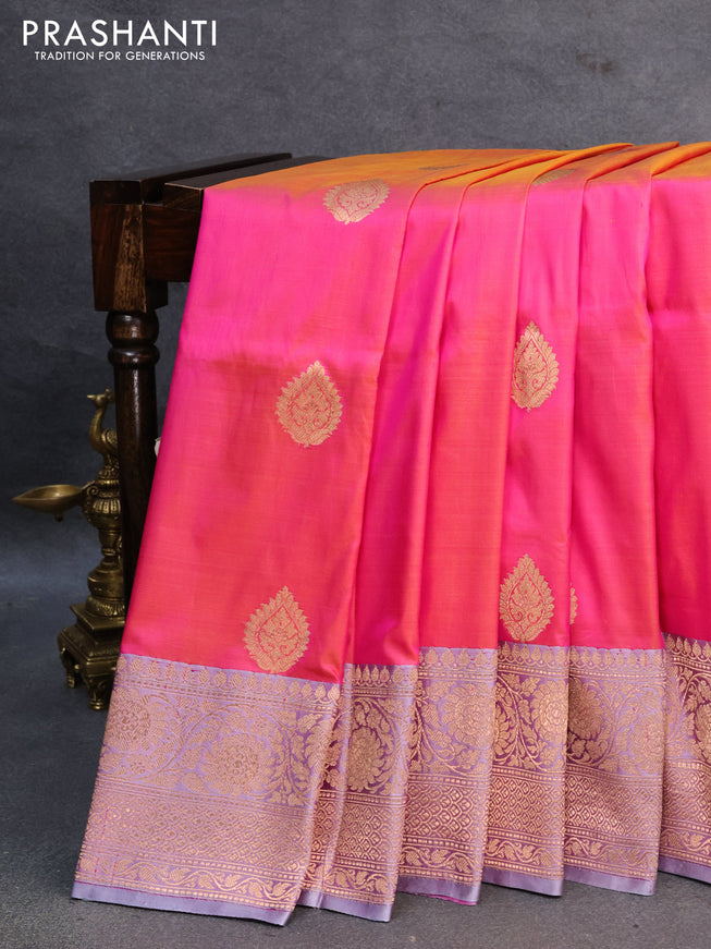 Banarasi katan silk saree dual shade of pink and grey with zari woven buttas and floral zari woven border