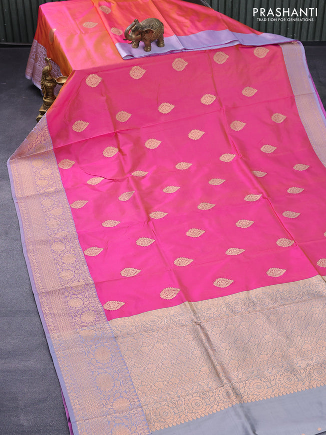 Banarasi katan silk saree dual shade of pink and grey with zari woven buttas and floral zari woven border
