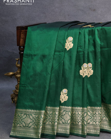 Banarasi katan silk saree green with zari woven buttas and floral zari woven border