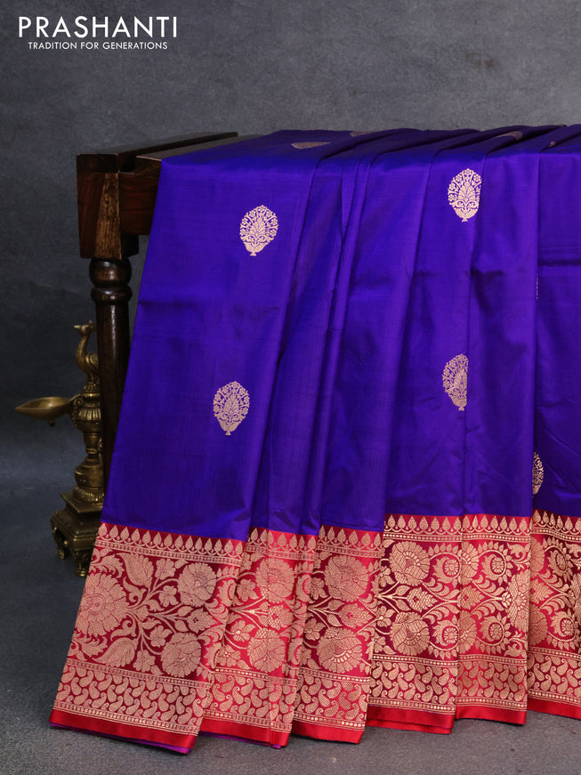 Banarasi katan silk saree blue and red with zari woven buttas and floral zari woven border
