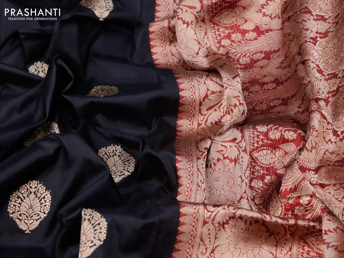 Banarasi katan silk saree black and maroon with copper zari woven buttas and copper zari woven border