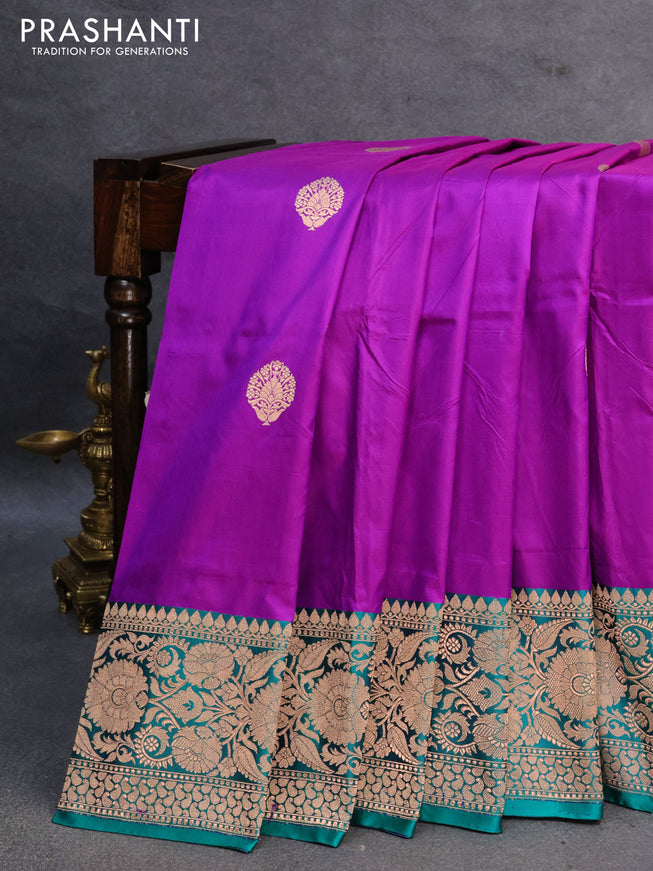 Banarasi katan silk saree purple and green with zari woven buttas and floral zari woven border