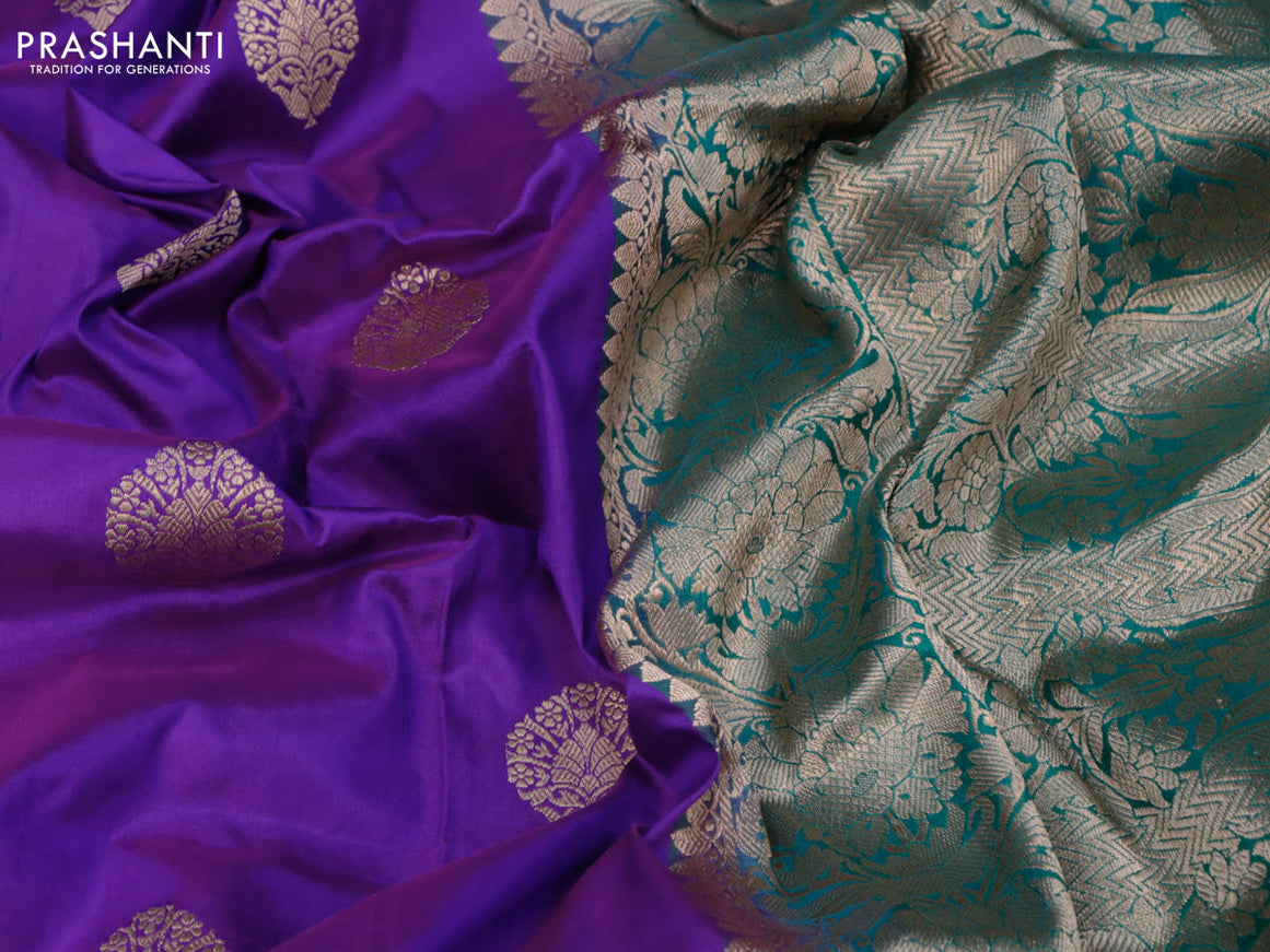 Banarasi katan silk saree purple and green with zari woven buttas and floral zari woven border