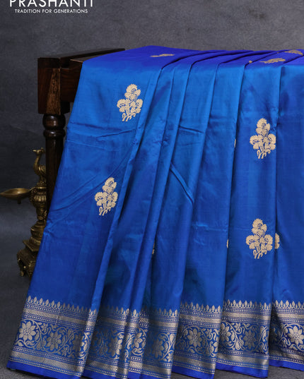 Banarasi katan silk saree cs blue with silver & gold zari woven buttas and floral zari woven border