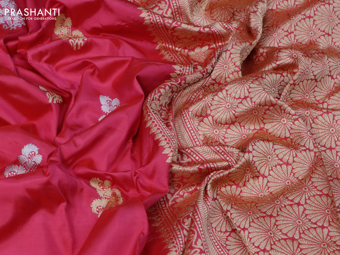 Banarasi katan silk saree pink with silver & gold zari woven buttas and floral zari woven border