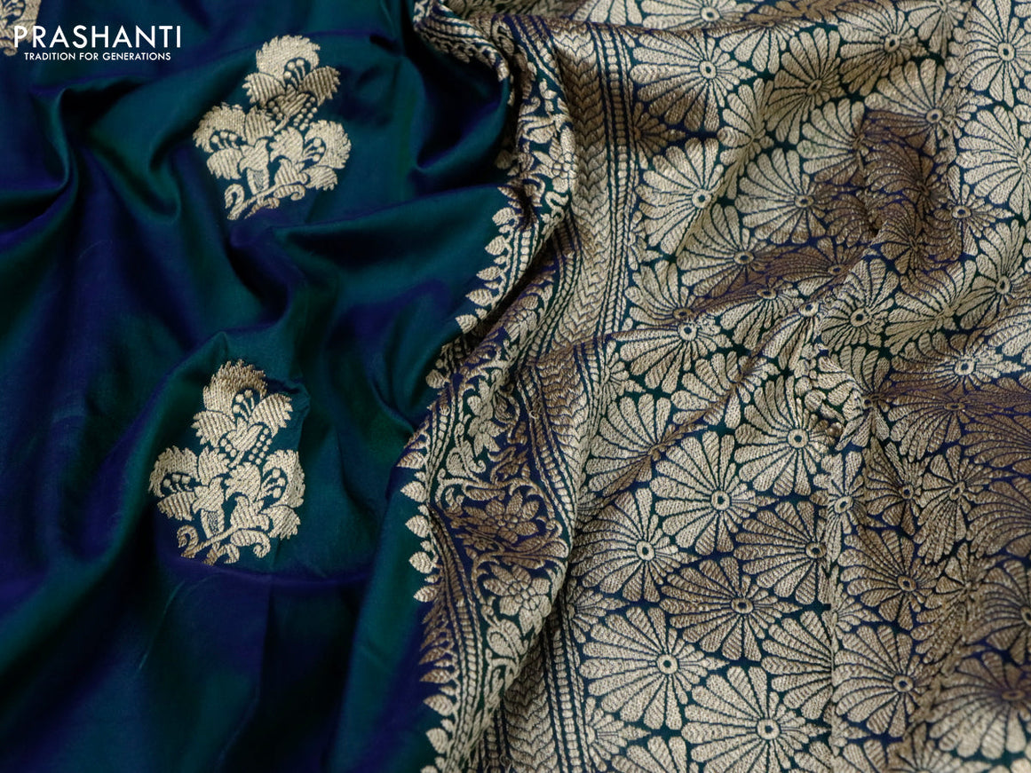 Banarasi katan silk saree peacock green and blue with zari woven floral buttas and floral zari woven border