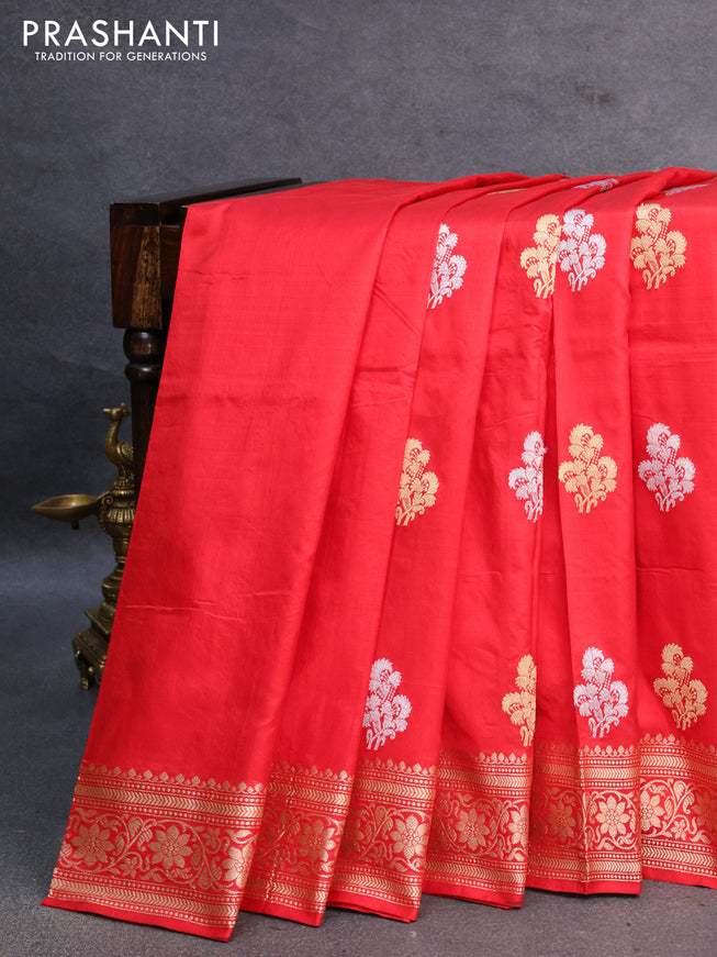 Banarasi katan silk saree red with silver & gold zari woven buttas and floral zari woven border