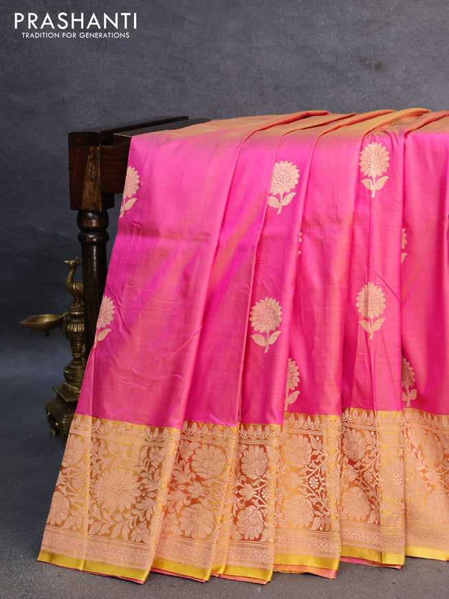 Banarasi katan silk saree dual shade of pink and yellow with copper zari woven floral buttas and floral zari woven border
