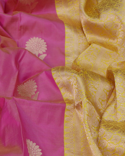 Banarasi katan silk saree dual shade of pink and yellow with copper zari woven floral buttas and floral zari woven border