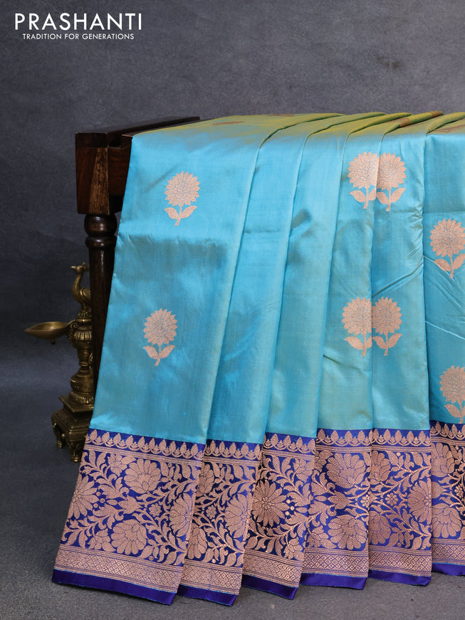 Banarasi katan silk saree light blue and blue with copper zari woven floral buttas and floral zari woven border