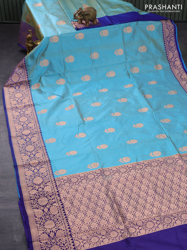 Banarasi katan silk saree light blue and blue with copper zari woven floral buttas and floral zari woven border