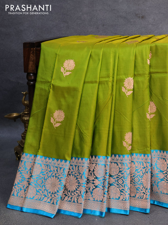 Banarasi katan silk saree mehendi green and light blue with copper zari woven floral buttas and floral zari woven border