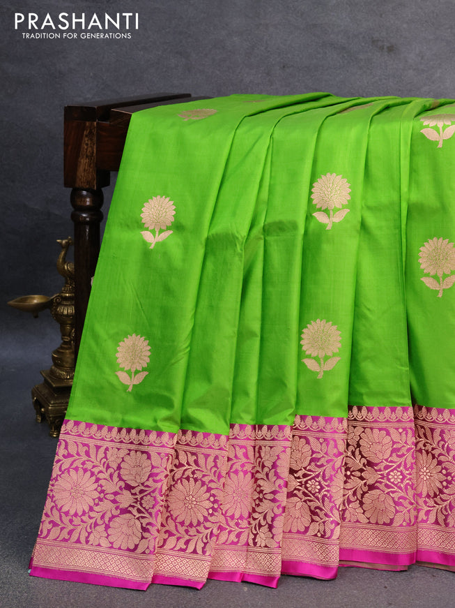 Banarasi katan silk saree light green and pink with copper zari woven floral buttas and floral zari woven border