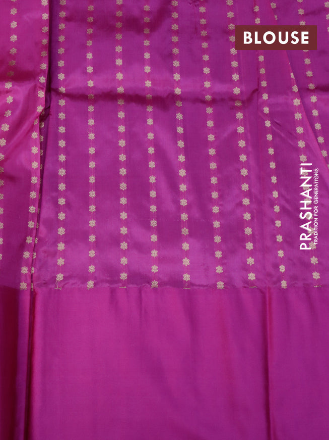 Banarasi katan silk saree light green and pink with copper zari woven floral buttas and floral zari woven border