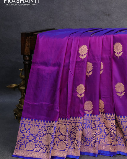 Banarasi katan silk saree purple and blue with copper zari woven floral buttas and floral zari woven border