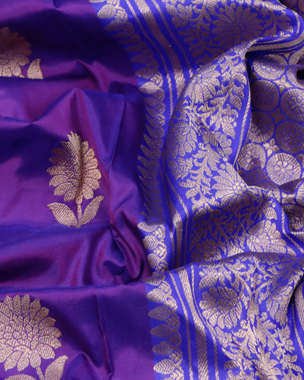 Banarasi katan silk saree purple and blue with copper zari woven floral buttas and floral zari woven border