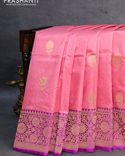 Banarasi katan silk saree peach pink and purple with copper zari woven floral buttas and floral zari woven border