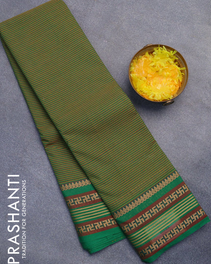 Chettinad cotton saree green shade and maroon with allover stripes pattern and thread woven border without blouse