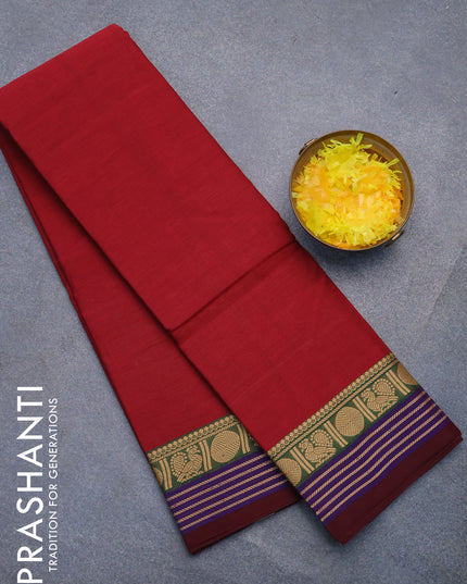 Chettinad cotton saree maroon and brown with plain body and thread woven simple border without blouse