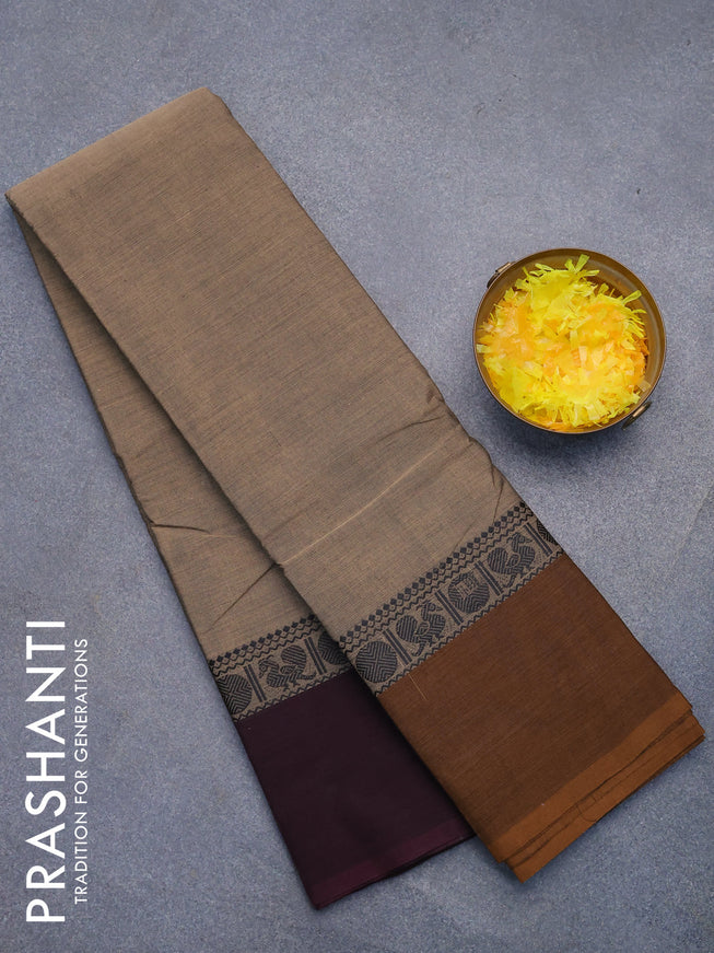 Chettinad cotton saree chikku shade and deep jamun shade with plain body and ganga jamuna border without blouse