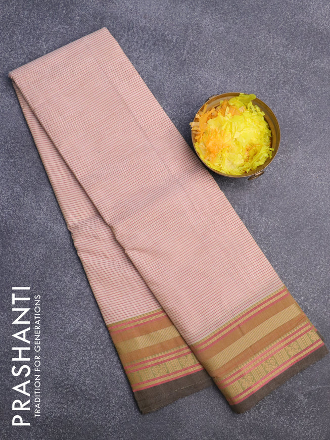 Chettinad cotton saree beige and grey shade with allover stripes pattern and thread woven border without blouse