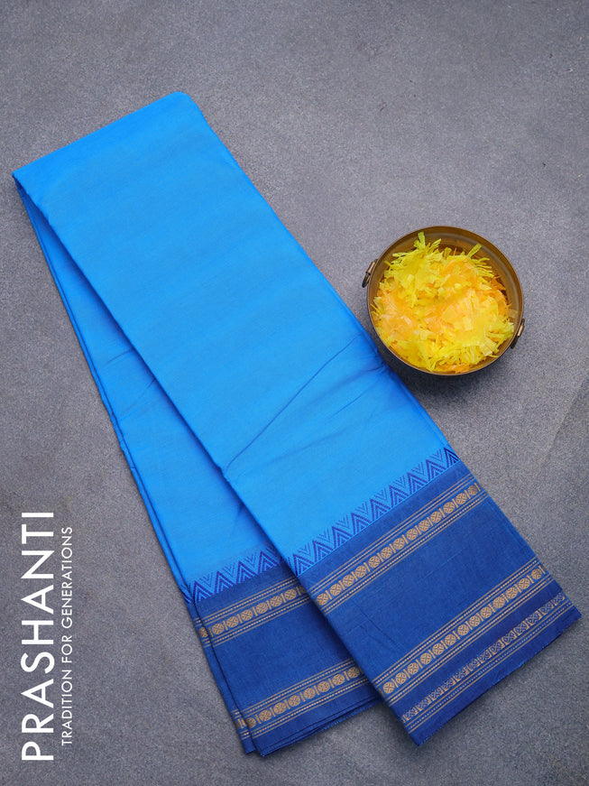 Chettinad cotton saree blue and peacock blue with plain body and rettapet thread woven border without blouse
