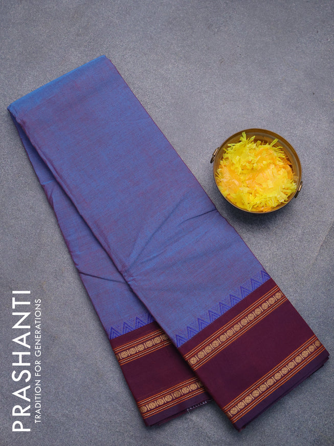 Chettinad cotton saree dual shade of blue and dual shade of maroon with plain body and rettapet thread woven border without blouse