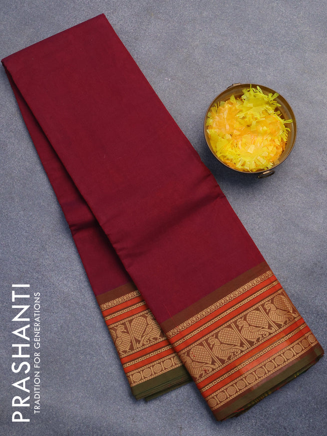 Chettinad cotton saree dual shade of maroon and green shade with plain body and thread woven border without blouse