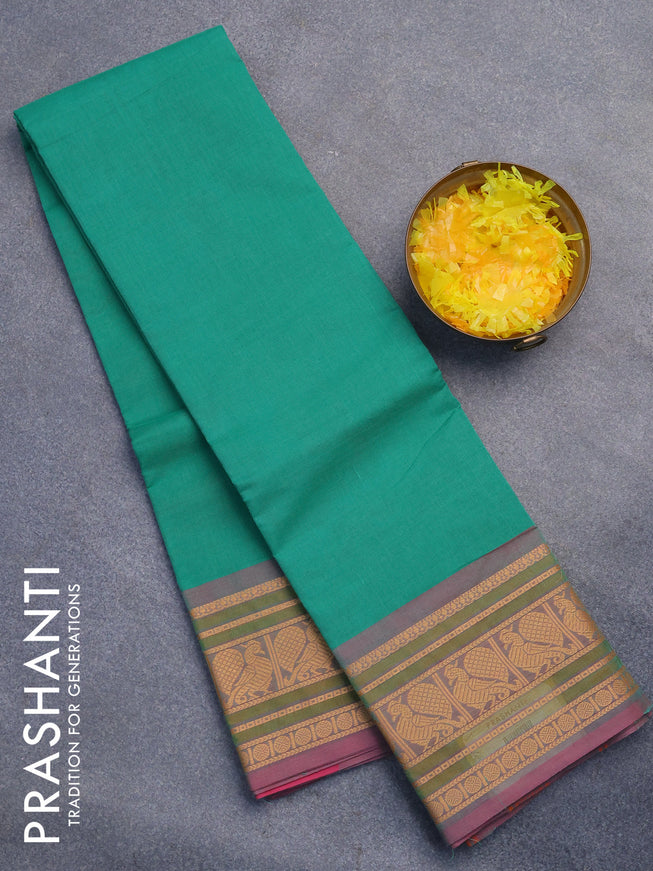 Chettinad cotton saree teal green and pink shade with plain body and thread woven border without blouse