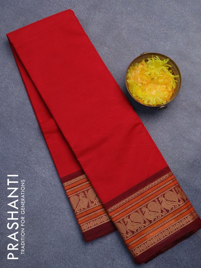 Chettinad cotton saree red and maroon with plain body and thread woven border without blouse