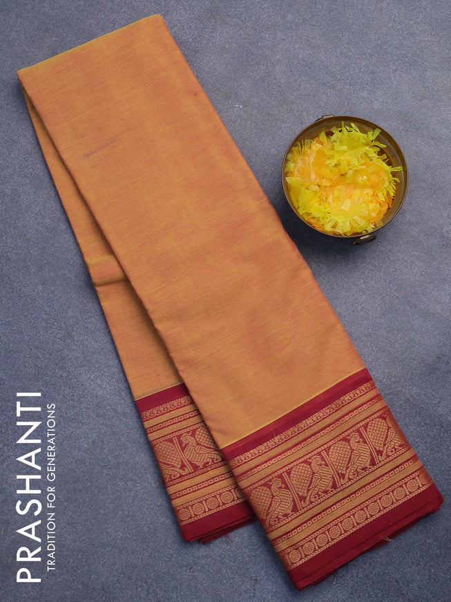 Chettinad cotton saree mustard yellow and maroon with plain body and thread woven border without blouse