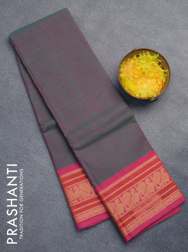 Chettinad cotton saree dual shade of teal green and pink with plain body and thread woven border without blouse