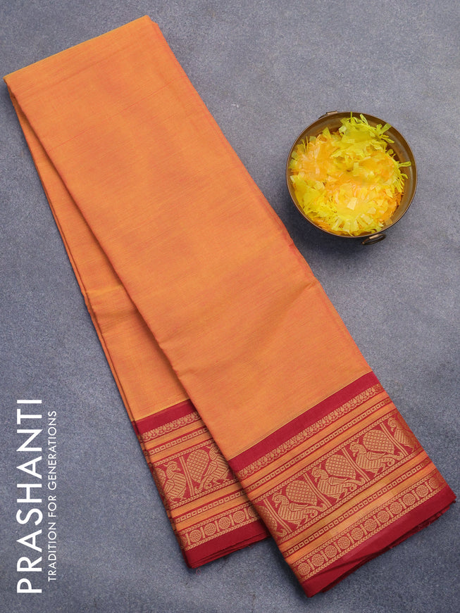 Chettinad cotton saree orange and maroon with plain body and thread woven border without blouse