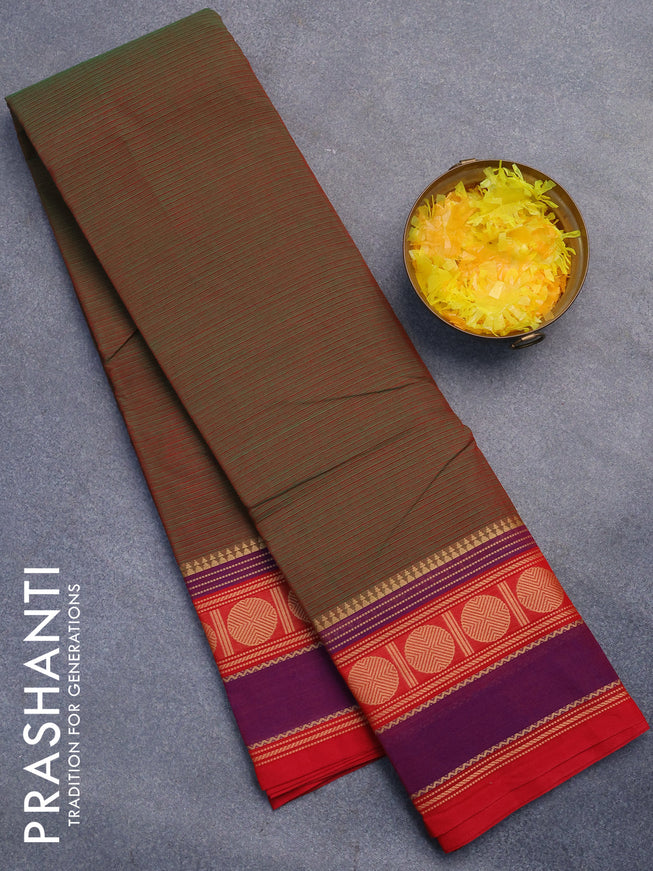 Chettinad cotton saree green shade and red with allover stripes pattern and thread woven border without blouse