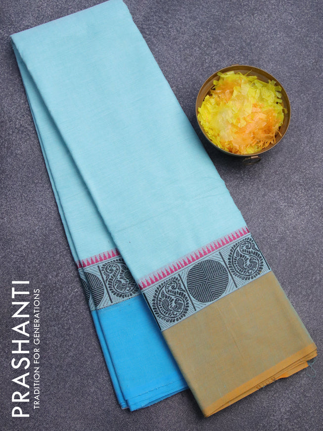 Chettinad cotton saree light blue with plain body and ganga jamuna border without blouse