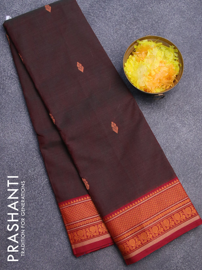 Chettinad cotton saree dual shade of greenish maroon and maroon with thread woven buttas and thread woven border without blouse