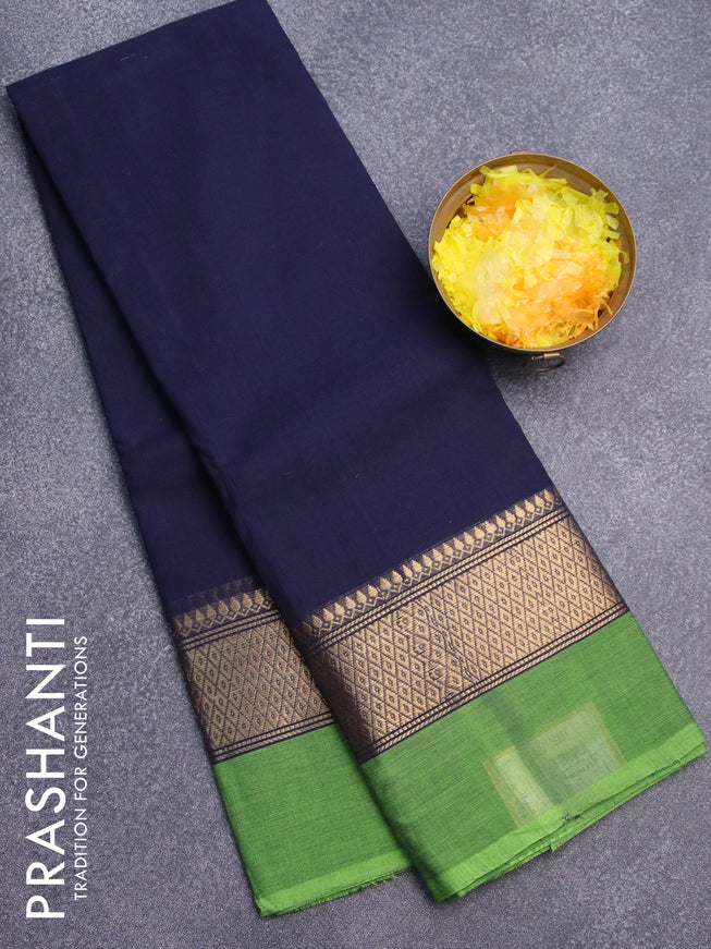 Chettinad cotton saree dark blue and light green with plain body and zari woven simple border without blouse